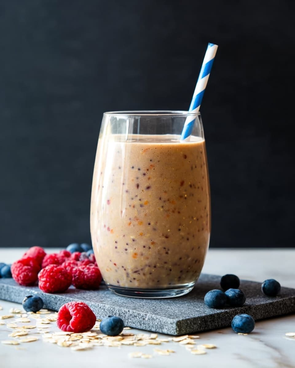 A clear glass filled with a thick light brown smoothie that has small dark and orange bits mixed throughout, with a blue and white striped paper straw sticking out from the top right side of the glass, placed on a dark grey stone slab atop a white marbled surface scattered with oat flakes, blueberries, and red raspberries, with a dark, plain background behind. photo taken with an iphone --ar 4:5 --v 7