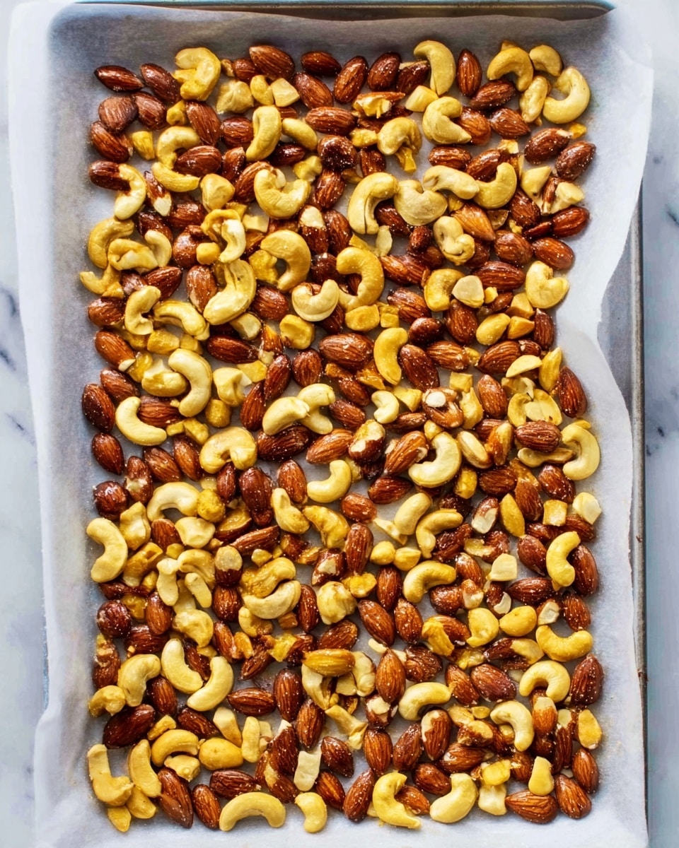 A baking tray lined with white parchment paper is covered with two types of nuts evenly spread out: whole almonds in a shiny brown color and cashews in a light golden yellow shade. The nuts have a lightly roasted texture, some appearing slightly glossy, creating a mix of smooth and slightly rough surfaces. The background under the tray is a white marbled texture. photo taken with an iphone --ar 4:5 --v 7