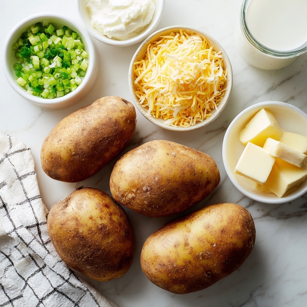 Four raw brown potatoes with a slightly rough skin sit on a white marbled surface near a white and black checkered cloth. There are five white bowls around the potatoes: one with bright green chopped scallions, one with crispy cooked bacon strips in reddish-brown shades, one with shredded yellow and white cheese, one with smooth white sour cream, and one with two pale yellow slices of butter. In the top center, a glass container with milk is partly visible. photo taken with an iphone --ar 4:5 --v 7