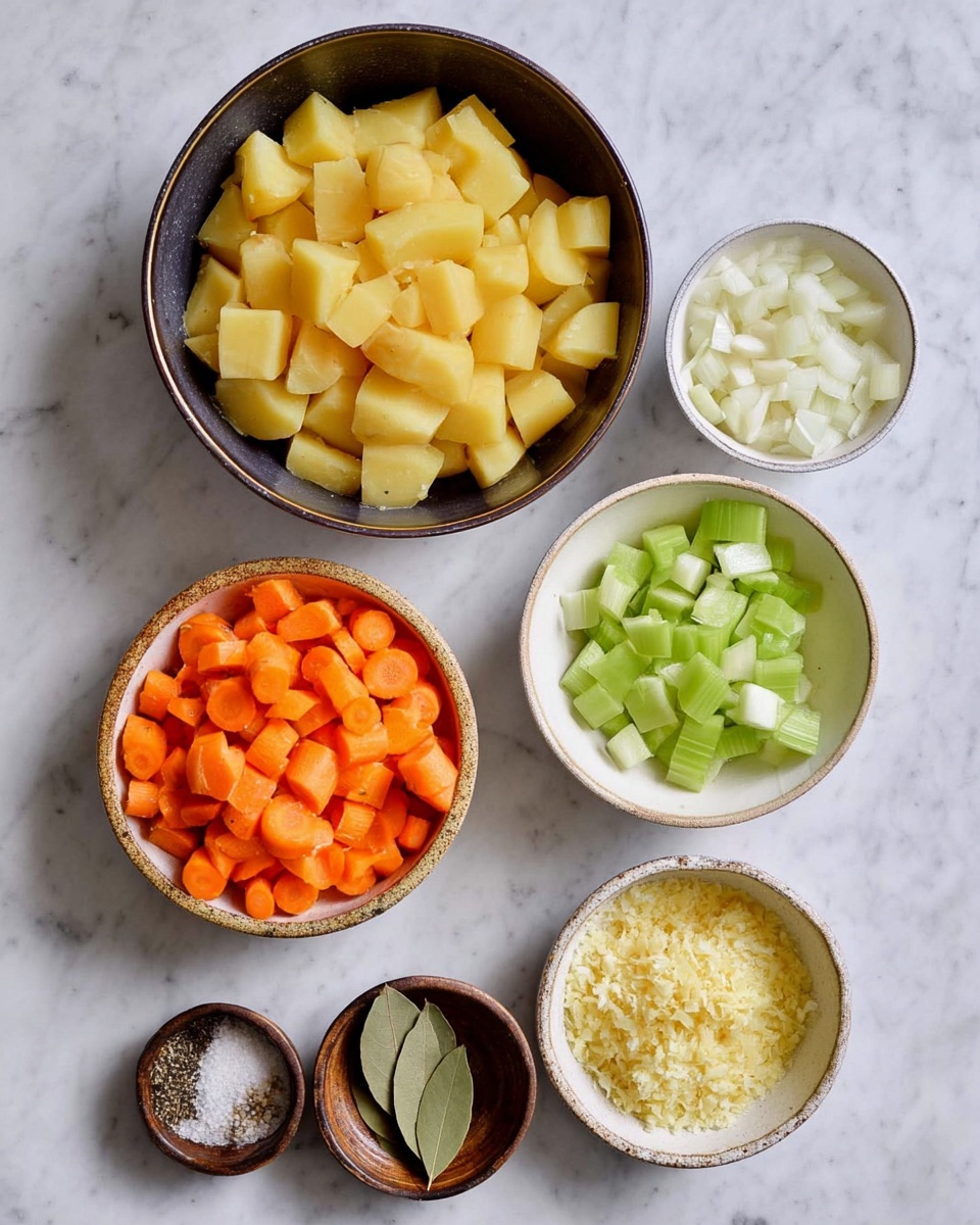 A large silver pot filled with thick, creamy yellow soup that has small chunks of potato and carrot visible throughout. The soup has a smooth texture with some small green herbs sprinkled on top. A woman's hand is holding a silver ladle scooping up some of the soup inside the pot. In the background, there is a white plate with chopped green herbs on a white marbled surface. photo taken with an iphone --ar 4:5 --v 7