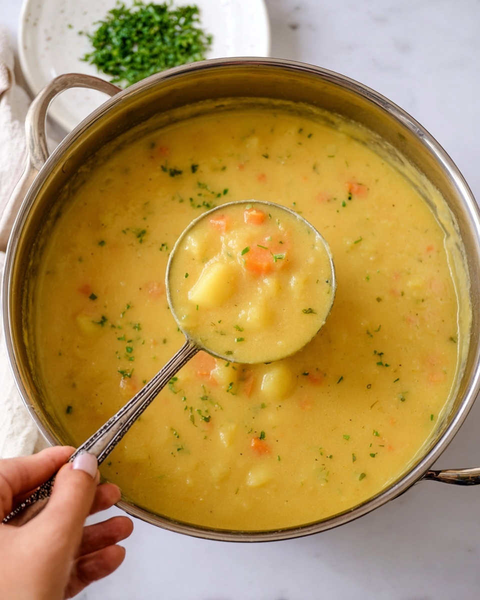 The image shows six containers of chopped ingredients arranged on a white marbled surface. At the top left, a large bowl filled with yellow potato chunks has a smooth dark rim. To its right is a white bowl with small pieces of white onion. Below the potatoes, a round bowl with a rustic edge holds bright orange carrot cubes. To the left of the carrots, a small white bowl contains light green celery slices. At the bottom left, a tiny dark wooden bowl displays two green bay leaves, dried herbs, and coarse salt. Finally, at the bottom right, a small rustic bowl is filled with finely chopped pale yellow garlic. Photo taken with an iphone --ar 4:5 --v 7