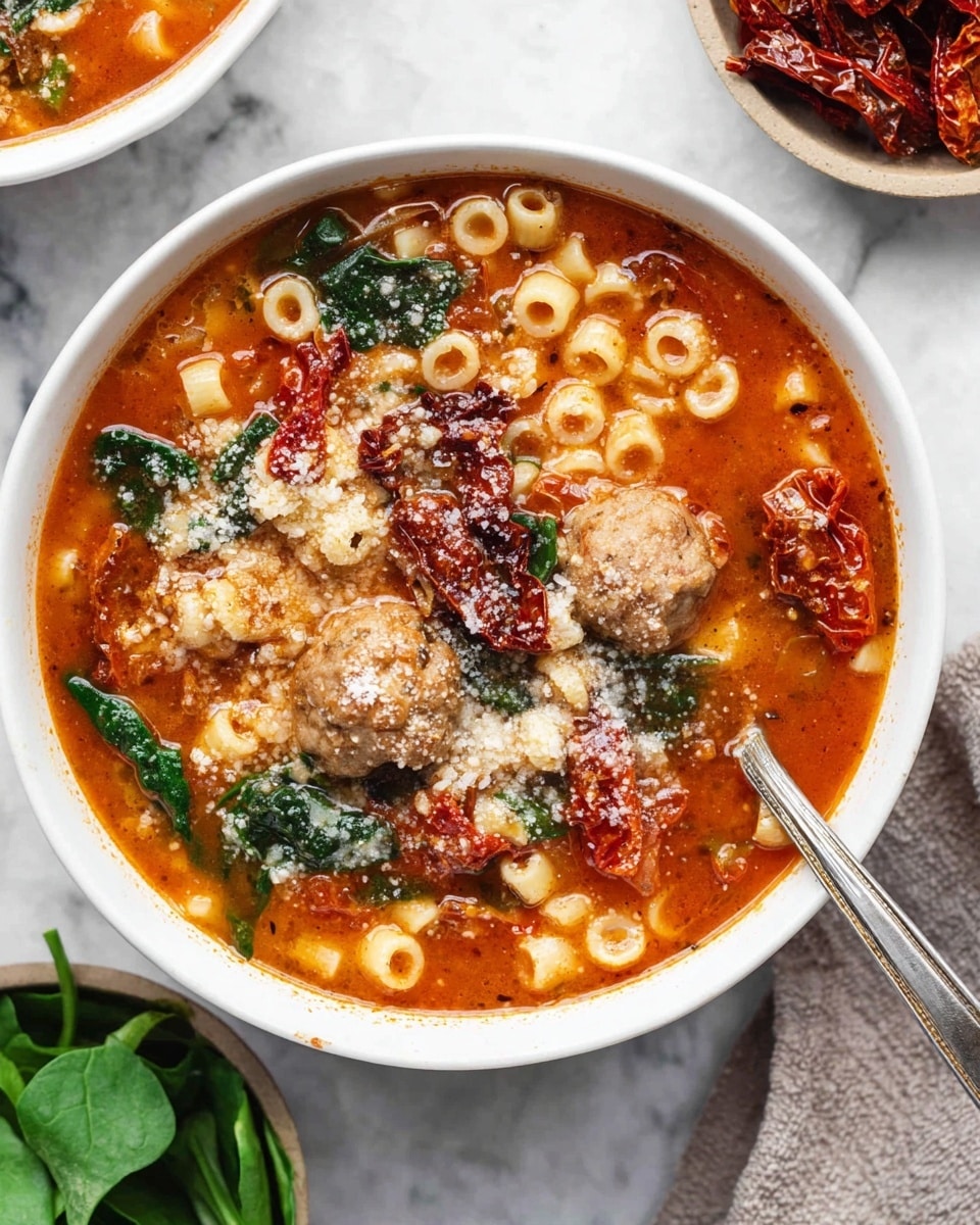 A white bowl filled with a thick, red tomato soup that has small round pasta pieces scattered throughout. There are chunks of light brown meatballs and dark red sun-dried tomatoes mixed in, along with wilted dark green spinach leaves. The soup is topped with a light sprinkling of grated cheese, giving a slightly grainy texture on top. A spoon rests inside the bowl, and the bowl is placed on a white marbled surface next to a smaller white bowl filled with fresh green spinach leaves and another bowl of sun-dried tomatoes. Photo taken with an iphone --ar 4:5 --v 7