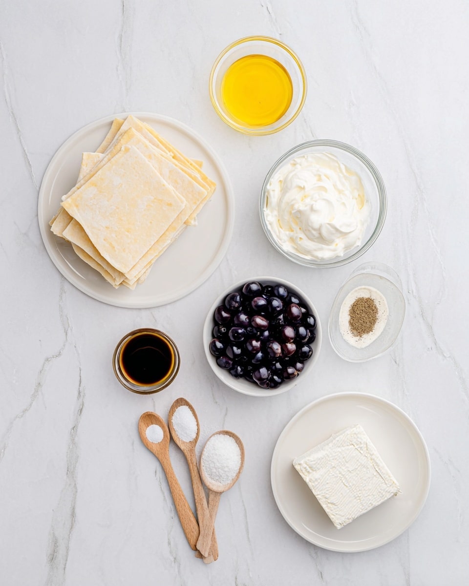 The image shows several cooking ingredients laid out on a white marbled surface. There is a pile of light beige square dough sheets stacked neatly on a white plate near the bottom left. Above this plate, a small glass bowl contains a bright yellow liquid, likely melted butter or oil. To the right of this bowl, another small glass bowl holds a white creamy substance with a smooth texture. In the center, a white bowl is filled with halved or whole dark purple blueberries. Below to the left of the berries is a small glass bowl filled with white powdered sugar. To the right of the berries, two wooden spoons rest on the surface; the larger spoon contains white granulated sugar, while the smaller spoon holds a dark brown syrup or vanilla extract. Near the bottom right, a white plate carries a block of soft white cream cheese. photo taken with an iphone --ar 4:5 --v 7