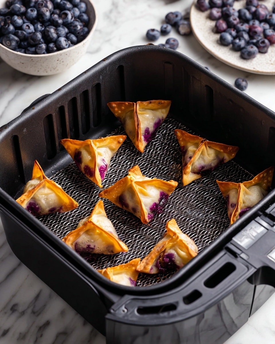 This image shows seven small baked dumplings inside a black air fryer basket. Each dumpling has a golden brown crispy wrapper folded at the four corners over a filling that shows a purple and light yellow mix, creating a marbled effect. The dumplings rest on a mesh-patterned bottom tray. In the background on a white marbled surface, there are scattered blueberries near the air fryer, and a white bowl filled with more blueberries is partially visible. The photo taken with an iphone --ar 4:5 --v 7