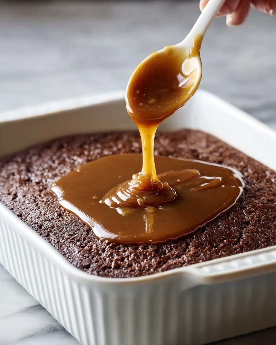 A single thick square piece of dark brown sticky cake sits on a round white plate with a white marbled texture surface underneath. The cake has a dense, moist texture with small air pockets visible inside. Rich, glossy caramel sauce is being poured from above, flowing over the top center of the cake and pooling around the base, creating a shiny layer on the surface. The sauce shows a smooth, thick consistency with a warm amber color. Photo taken with an iphone --ar 4:5 --v 7
