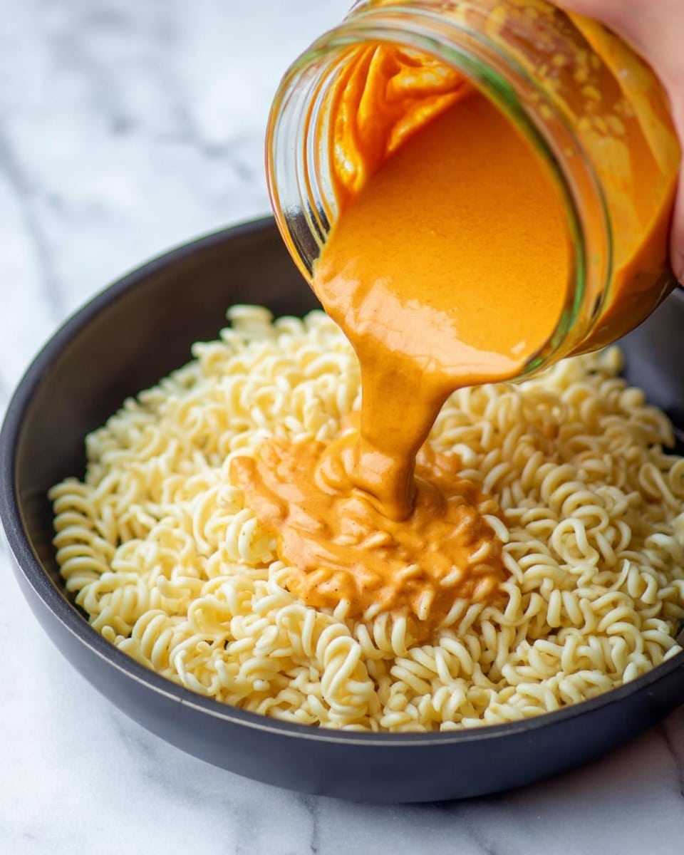 A woman's hand is pouring a thick, smooth, bright orange sauce from a clear glass jar onto a bed of pale yellow cooked noodles in a black pan. The noodles are curly and fill the pan evenly, creating a soft textured base. The orange sauce is rich and creamy, creating a strong color contrast with the light noodles. The pan sits on a white marbled surface. photo taken with an iphone --ar 4:5 --v 7