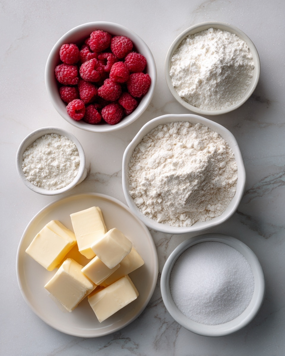 A top-down view shows six small white bowls and plates arranged on a white marbled surface. The largest bowl on the right contains a heap of fine white flour with a slightly rough texture. Above it, a medium white bowl is filled with bright red raspberries showing detailed bumpy textures. To the left of the flour, a small white bowl holds a mound of white corn starch powder with a fluffy look. Below that, a white plate carries several cubes of pale yellow vegan butter with smooth surfaces and sharp edges. To the right and below the butter, two small white bowls contain white powdered sugar with a soft, fine texture and granulated sugar with a slightly crystalline texture. The ingredients are neatly placed and clearly separated. Photo taken with an iphone --ar 4:5 --v 7