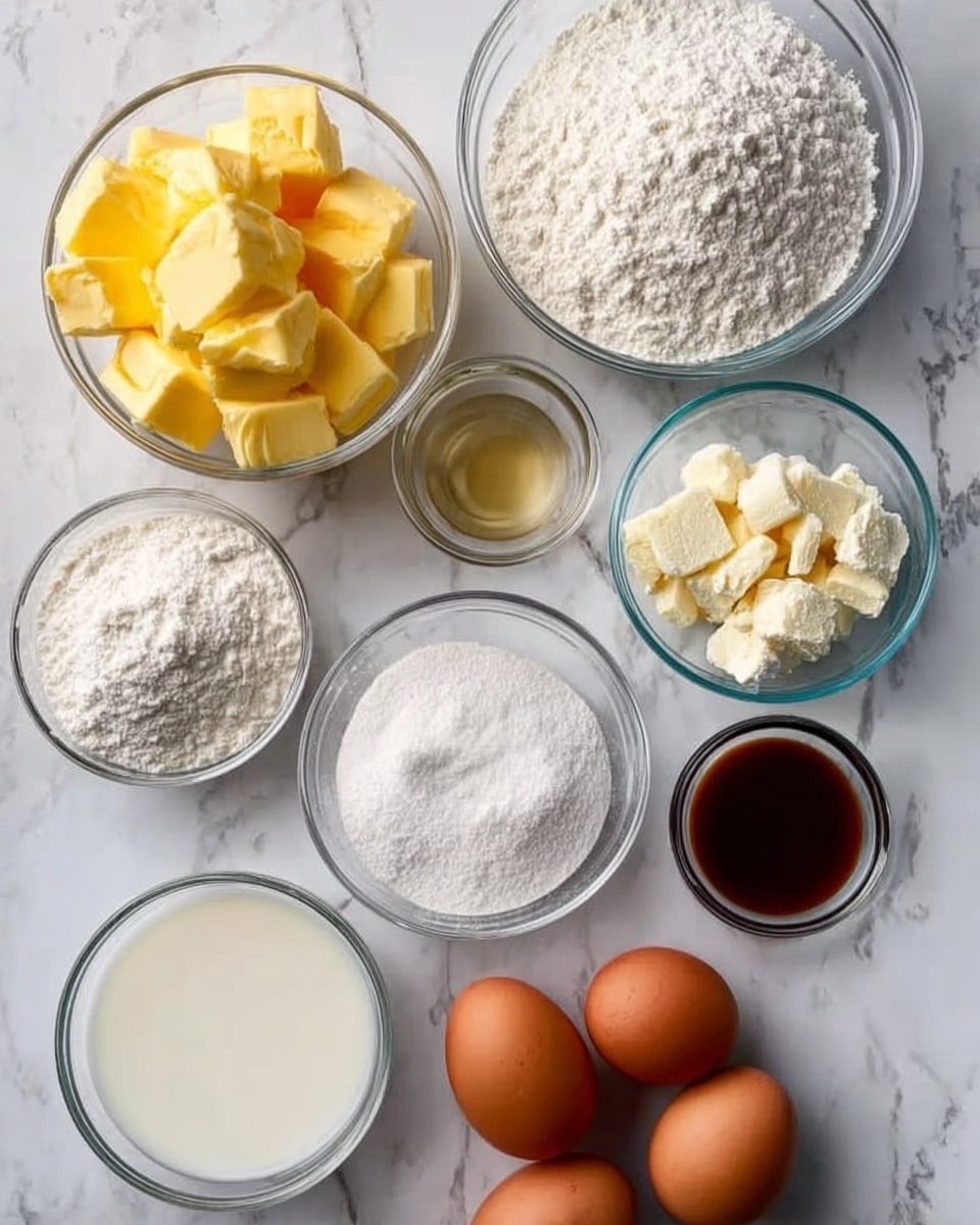The image shows several clear glass bowls arranged on a white marbled surface, each holding different baking ingredients. There are two bowls with yellow butter chunks, one bowl filled with white flour, another with granulated sugar, and one with smaller bits of white powdered ingredients. Four brown eggs are placed directly on the surface. One bowl contains a white liquid, another has a light brown liquid, and a small bowl holds a dark liquid, likely vanilla extract. The bowls and eggs are neatly spaced, showing an organized setup for baking. Photo taken with an iphone --ar 4:5 --v 7