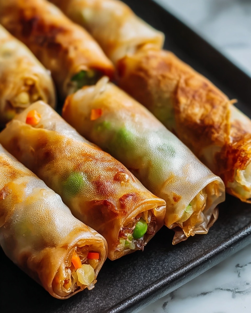 The image shows six golden spring rolls placed closely on a black tray. Each spring roll has a translucent, slightly shiny wrapper that reveals a mix of colorful fillings inside like green peas and orange bits, with parts of the rolls having crisp, browned sections. The rolls are arranged neatly, with three in front and three slightly blurred in the background, showing a soft focus effect on the closest rolls. The surface underneath the tray is a white marbled texture. photo taken with an iphone --ar 4:5 --v 7