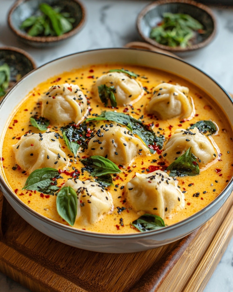 A white bowl filled with a creamy orange soup topped with eight round dumplings that have pleated edges and a smooth, soft texture. The dumplings are placed evenly across the surface of the soup, which is garnished with dark green fresh basil leaves and a sprinkle of small black seeds and red chili flakes. The bowl sits on a light wooden board against a white marbled surface with blurred bowls of green garnish in the background. Photo taken with an iphone --ar 4:5 --v 7