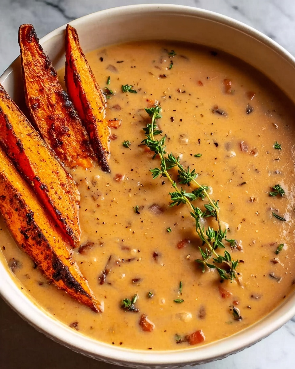 A white bowl filled with thick, creamy soup that is pale orange with visible small bits of darker orange vegetables and herbs spread throughout. On one side, there are four roasted orange sweet potato wedges leaning against the bowl edge, each with a slightly charred texture and speckled with black seasoning. On top of the soup, running diagonally, rests a fresh green sprig of thyme. The bowl sits on a surface with a white marbled texture. photo taken with an iphone --ar 4:5 --v 7