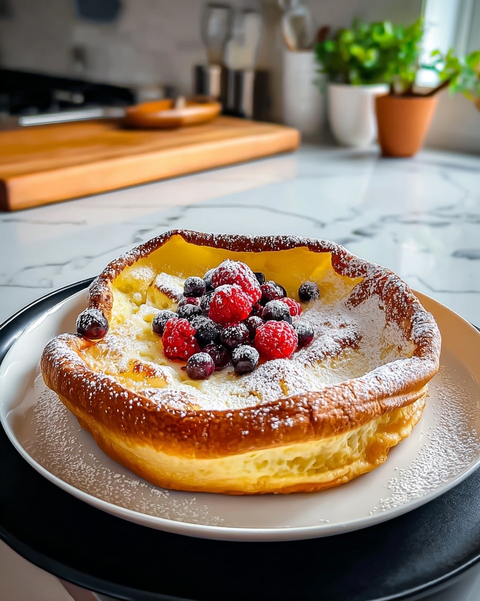 The dish is a thick, puffed pancake with a golden brown and slightly burnt top edge and a soft yellow inside. It is placed in the center of a white plate with powdered sugar lightly dusted over the pancake and plate’s rim. On top of the pancake, there is a small pile of fresh red raspberries and dark blueberries, adding a pop of color in the middle. The plate sits on top of a black plate, and the background shows a kitchen counter with a white marbled texture and some out-of-focus items like a potted plant and a wooden cutting board. Photo taken with an iphone --ar 4:5 --v 7