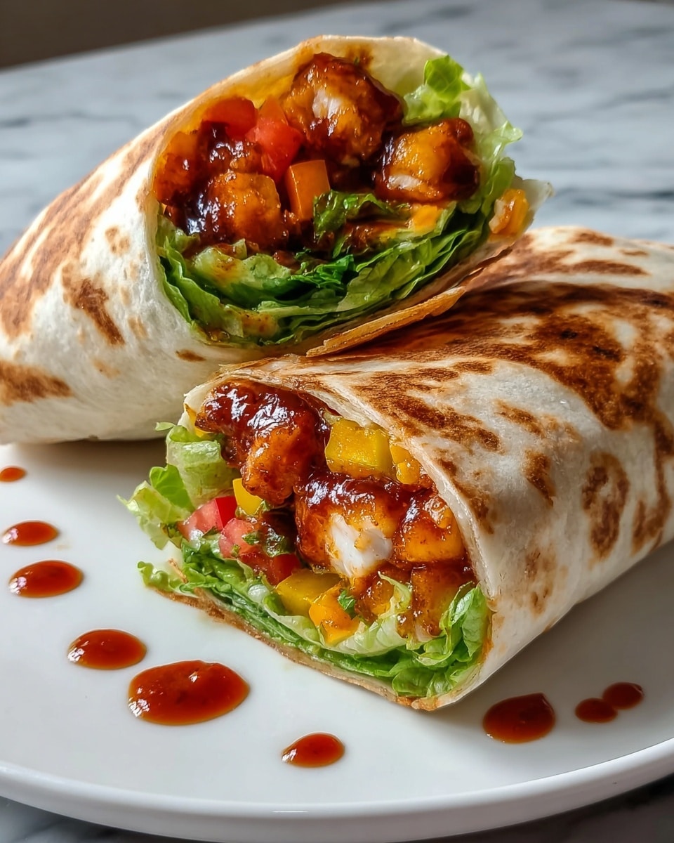 Two halves of a grilled wrap are placed on a white plate with some reddish sauce drops around. The wrap is toasted light brown with a soft, slightly crispy texture. Inside, there are three visible layers: the bottom layer has fresh green lettuce, the middle layer has bright red tomato pieces and orange small chunks, and the top layer contains golden-brown cooked pieces coated in a shiny dark reddish sauce. The inside ingredients look fresh and juicy, filling the wrap fully. The background is a white marbled surface. Photo taken with an iphone --ar 4:5 --v 7