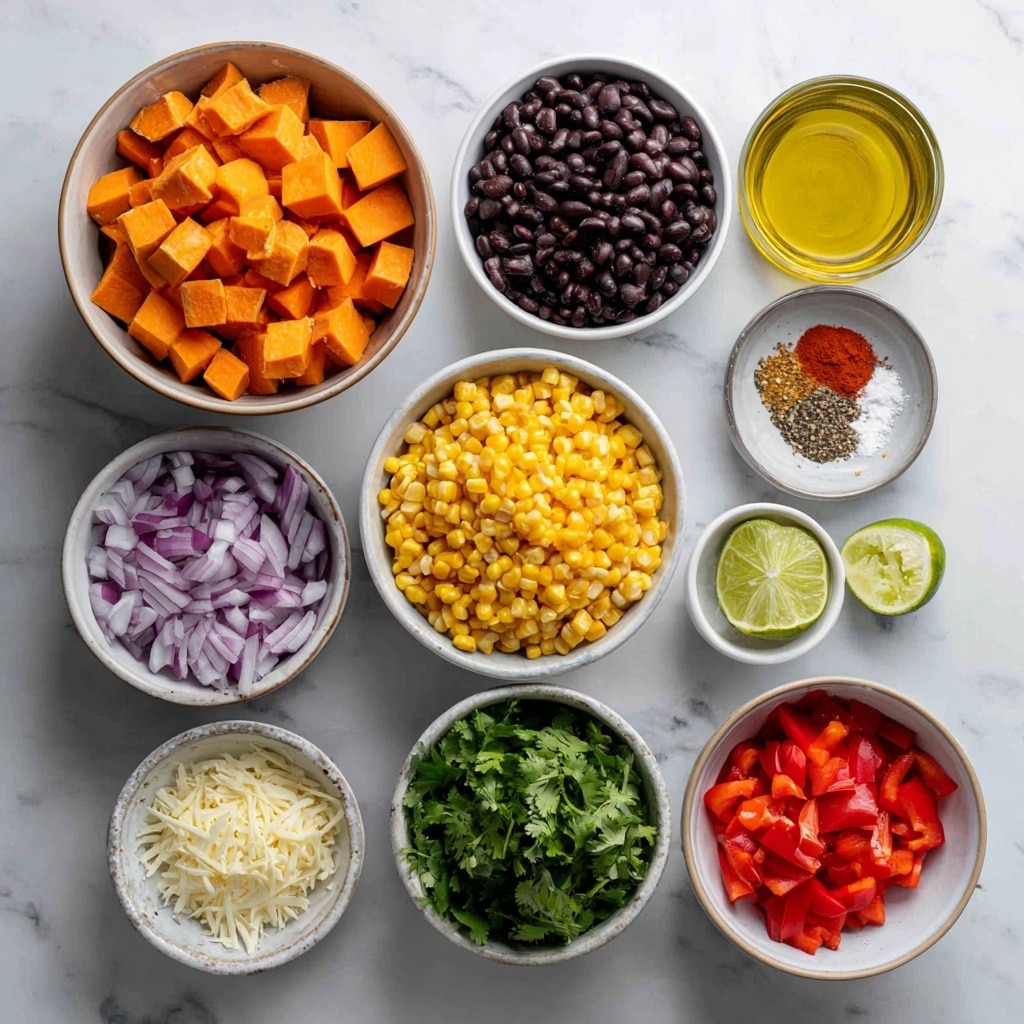 A clear glass rectangular dish filled with a baked casserole showing two visible layers: the bottom layer is a mix of black beans and chunks of orange sweet potatoes, and the top layer consists of melted, golden brown cheese scattered unevenly, with small charred spots. Fresh chopped green herbs are sprinkled over the cheese, adding a fresh touch. The dish sits on a white marbled surface with a soft textured cloth partially visible underneath. Photo taken with an iphone --ar 4:5 --v 7