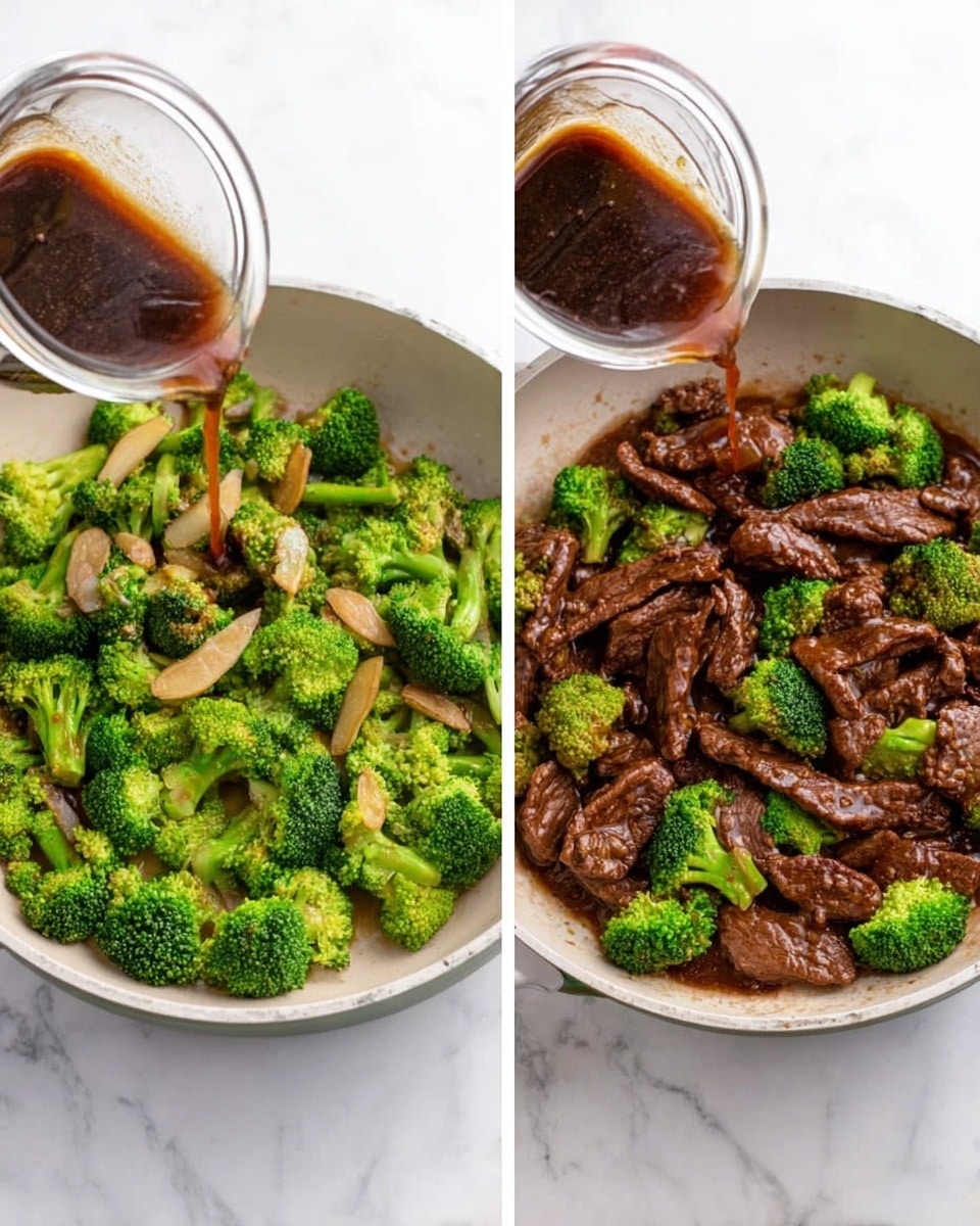 The image shows two photos side by side of a white pan on a white marbled surface. In the left photo, bright green broccoli florets and light tan sliced pieces of ginger fill the pan, and a brown sauce is being poured in from a glass jar above. In the right photo, the pan is filled with dark brown cooked beef strips mixed with the broccoli and ginger, all coated in a glossy brown sauce, with the ingredients evenly spread across the pan. Photo taken with an iphone --ar 4:5 --v 7