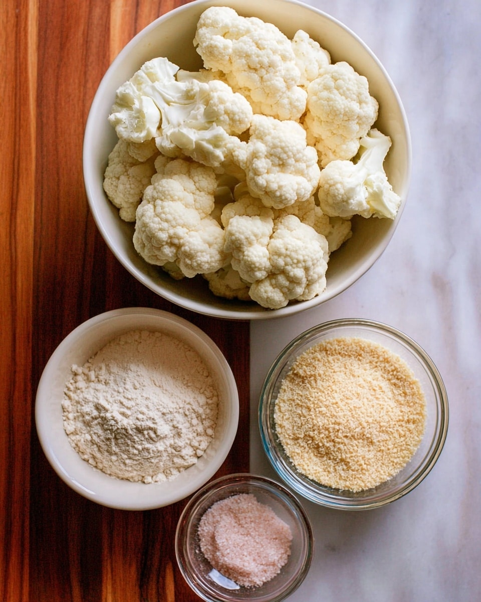 A top view of four bowls arranged on a wooden surface, with the largest white bowl at the top filled with light cream-colored cauliflower florets with a bumpy texture. Below it, slightly to the left, is a white bowl containing pale beige flour with a soft powder texture. To the right of that is a transparent white bowl filled with fine pale golden breadcrumbs. At the bottom, centered below the two smaller bowls, is a small white bowl holding a mix of white baking powder, a light beige powder, and a small amount of pink salt. The background is a white marbled texture. photo taken with an iphone --ar 4:5 --v 7