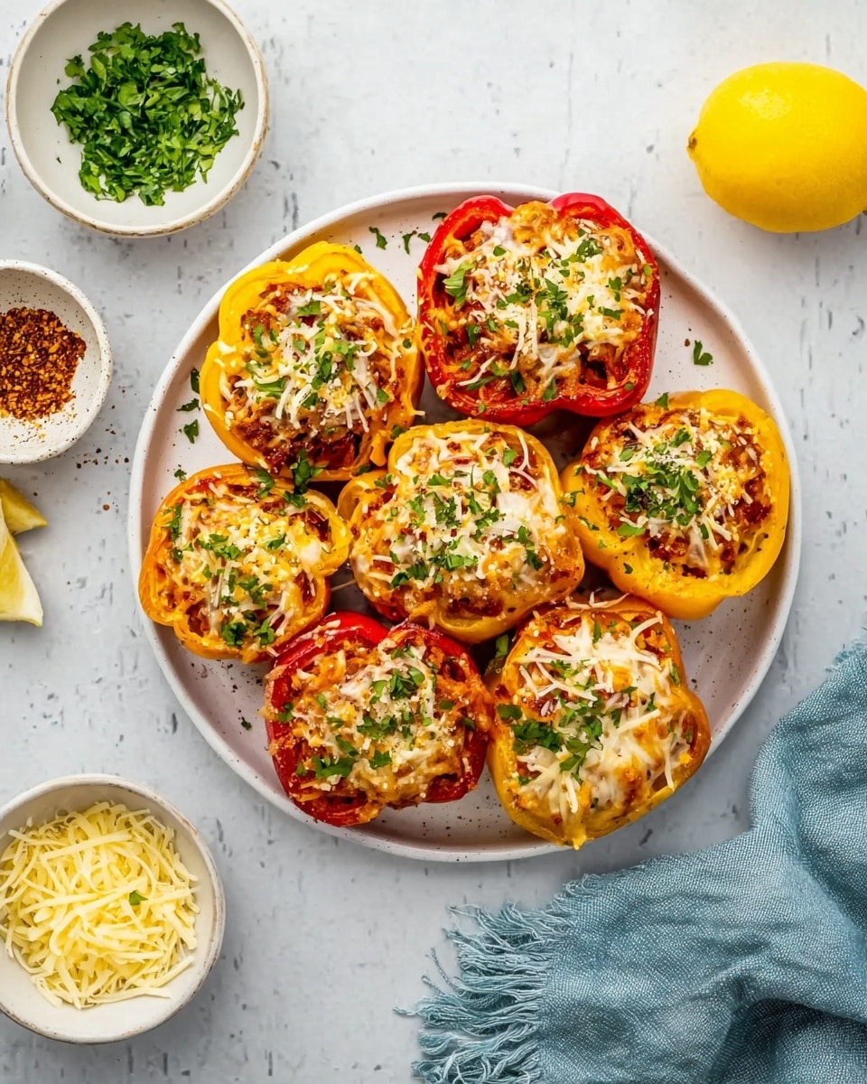 The image shows a round white plate with eight stuffed pepper halves arranged in a circle on a white marbled surface. Each pepper half has a roasted red or yellow skin, filled with a brownish mixture topped with melted light beige cheese and small sprinkles of green herbs. Around the plate, there are three small white bowls with shredded cheese, chopped green herbs, and a reddish seasoning. A lemon cut in half and a pale blue cloth are also visible on the surface. Photo taken with an iphone --ar 4:5 --v 7