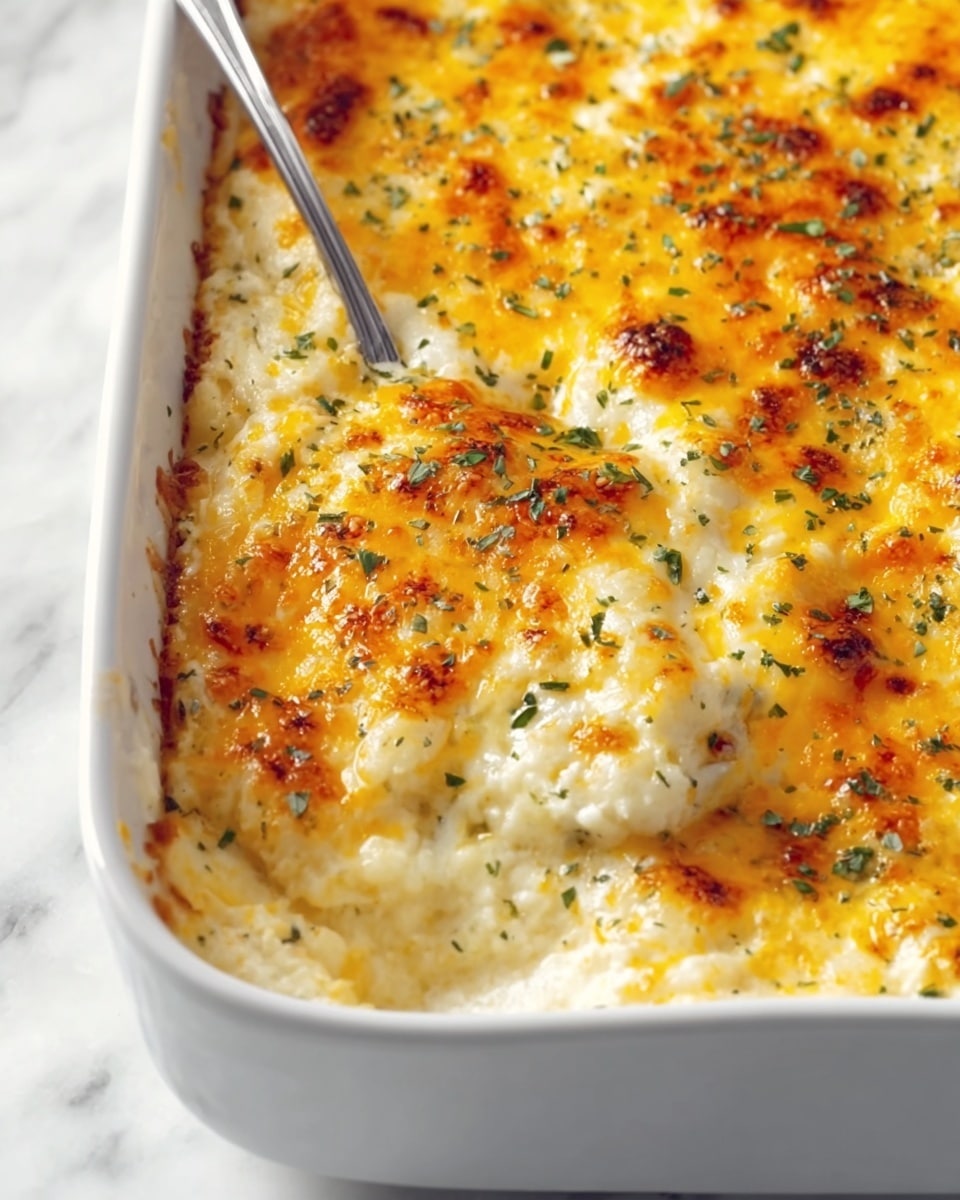 The dish is a creamy, cheesy mixture served on a white plate with ornate edges, placed on a white marbled surface. It has one main layer consisting of shredded white meat mixed with a thick, smooth white sauce. The top is covered with melted orange-yellow cheese sprinkled with black pepper and small bits of herbs. There are a few small green parsley leaves placed on top for garnish. The texture looks soft and moist with a golden, slightly browned cheese topping. Photo taken with an iphone --ar 4:5 --v 7