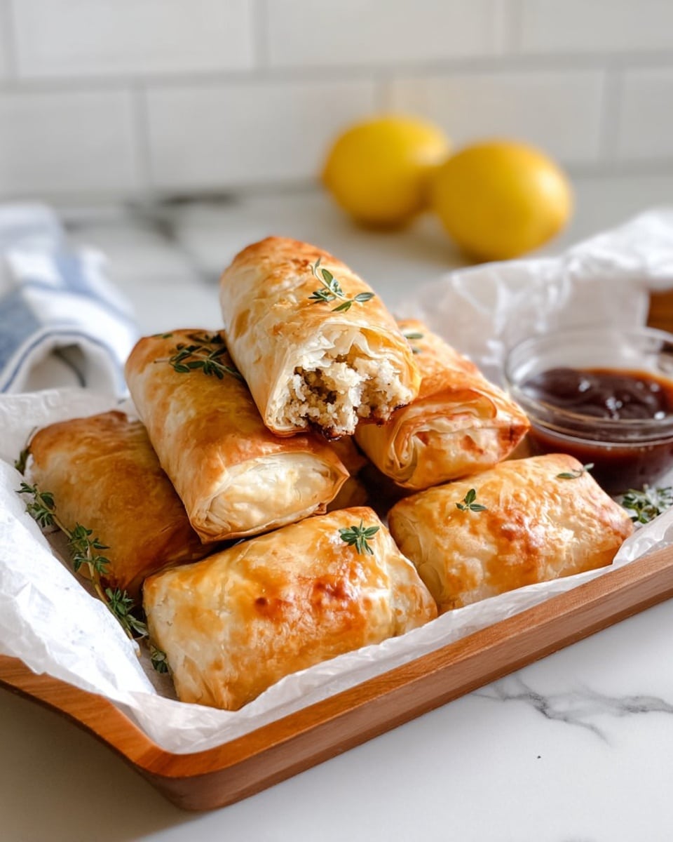 The image shows six golden-brown flaky rolls on white parchment paper inside a rectangular wooden tray. Two rolls in the middle are stacked, with the top one broken open to reveal a crumbly pale filling. Green thyme sprigs are placed on top of the rolls for decoration. To the right of the tray, there is a small glass bowl of dark red dipping sauce. A whole lemon is visible in the blurred background on a white marbled surface, with a white tiled wall behind it. photo taken with an iphone --ar 4:5 --v 7