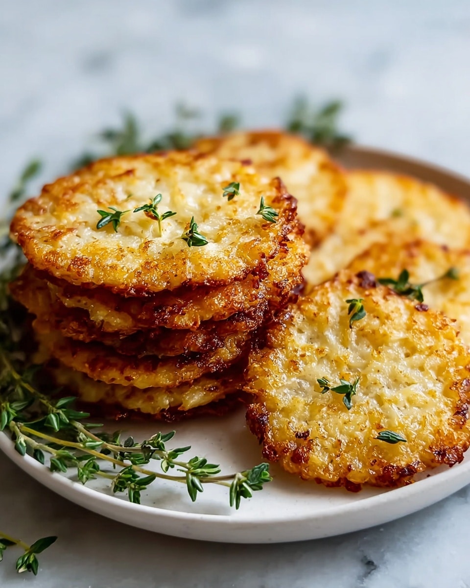 The image shows a stack of golden-brown, crispy potato pancakes arranged on a white plate. There are two layers of pancakes, each round and fried to a crunchy texture with slightly darker edges. Small green herb leaves, likely thyme, are scattered on top of the pancakes and around the plate as decoration. The plate sits on a white marbled surface, with soft natural light highlighting the crunchy texture and golden color of each pancake. photo taken with an iphone --ar 4:5 --v 7