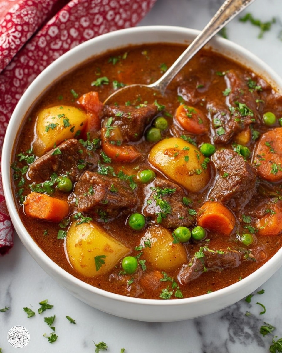 A white bowl filled with a thick, brown beef stew with visible chunks of tender beef, halved yellow potatoes, sliced orange carrots, and green peas. The stew is garnished with chopped fresh parsley on top. A silver spoon rests inside the bowl, partially submerged in the stew. The bowl sits on a white marbled surface with a red and white patterned cloth nearby photo taken with an iphone --ar 4:5 --v 7