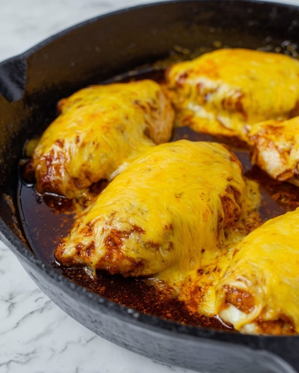 In a black cast iron pan, there are four pieces of cooked chicken each covered with a thick layer of melted golden yellow cheddar cheese. The chicken underneath shows some brown, crispy texture peeking through the cheese. The cheese layer is smooth and slightly shiny, with some parts stretched and slightly browned from cooking. Around the chicken, there is a dark sauce with a glossy surface, pooling in the spaces between the pieces. The background is a white marbled texture. photo taken with an iphone --ar 4:5 --v 7