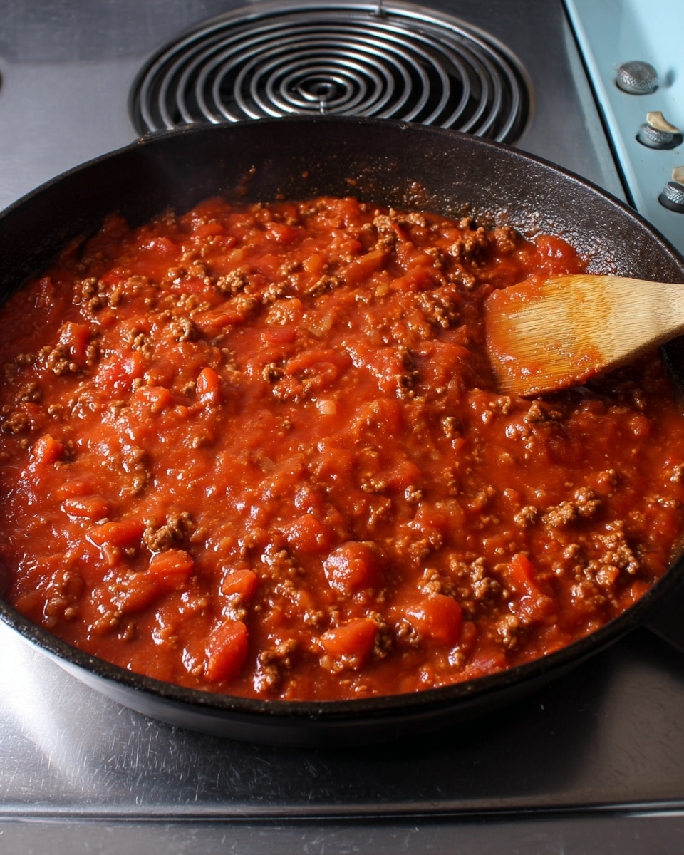 A close-up view of a thick red sauce with chunks of tomatoes and brown ground meat cooking in a black cast iron pan on a stovetop burner. The sauce has a chunky texture with visible pieces of onions, and a wooden spoon is resting inside the pan on the right side. The stovetop surface is shiny and metallic, with a spiral burner coil visible behind the pan. The background includes part of a stovetop control panel in light blue and silver. photo taken with an iphone --ar 4:5 --v 7