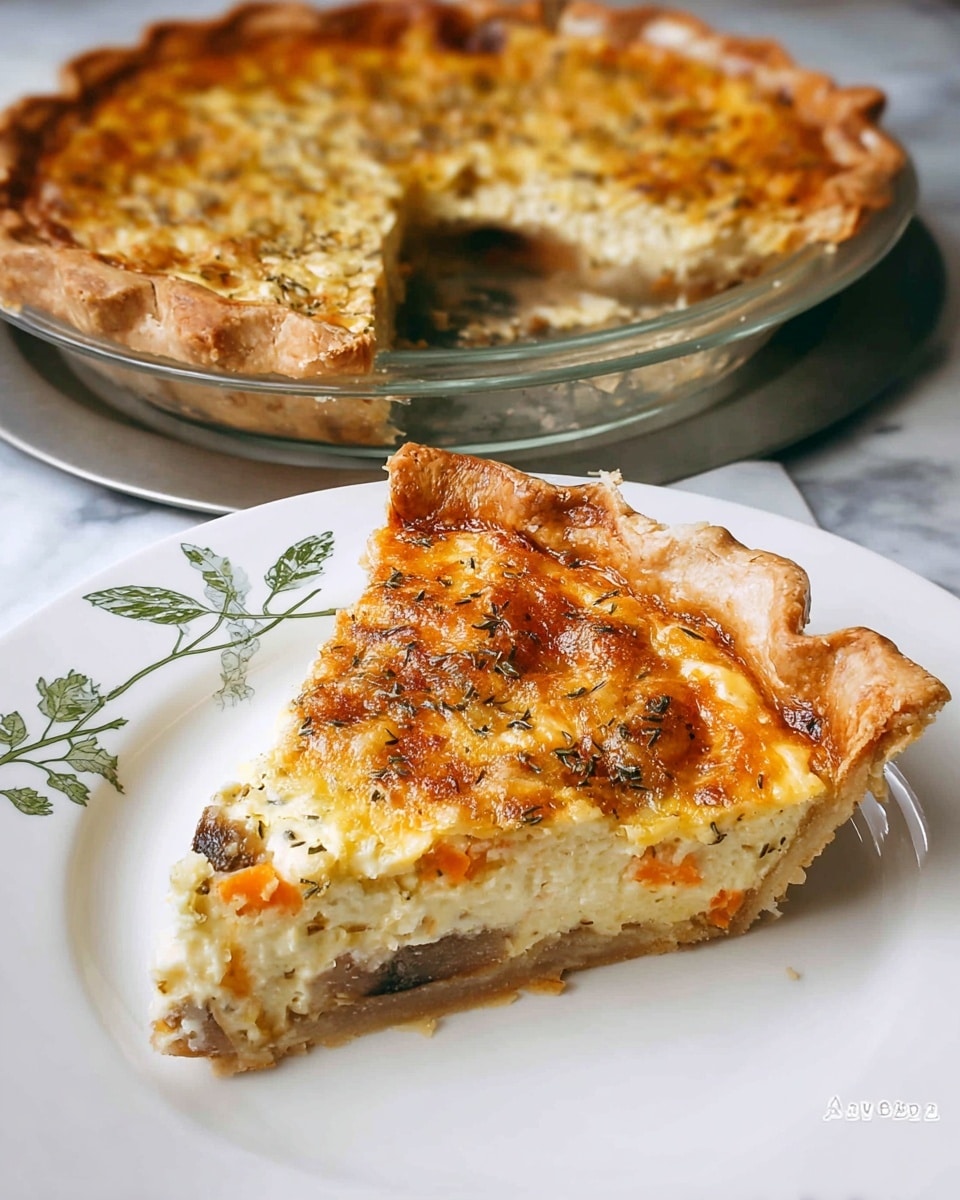 A slice of pie with two main layers sits on a white plate with a green plant design; the bottom layer is light beige and firm, likely a filling with small orange bits, topped with a creamy, yellowish cheese layer with browned, bubbly spots and sprinkled herbs. The crust is thick and golden brown, folded over the edge for a rustic look. Behind the plate, the rest of the pie, missing one slice, shows the same layers with the top golden cheese layer cohesively melted and speckled with herbs. The pie dish is clear glass resting on a metal tray, all on a white marbled surface. photo taken with an iphone --ar 4:5 --v 7