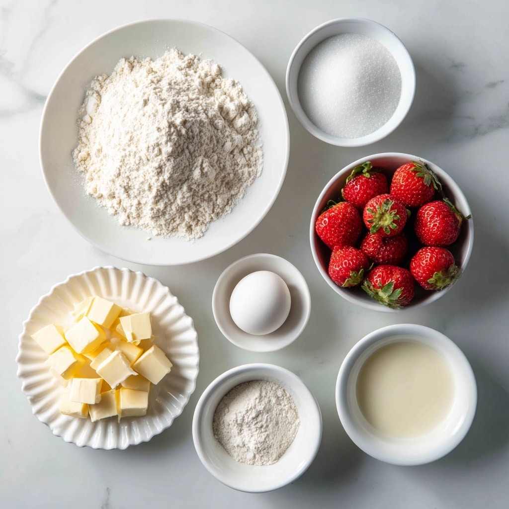 The image shows seven white bowls and plates arranged on a white marbled surface, each with a different ingredient. At the top left, a large white plate holds a pile of white all-purpose flour with a slight mound shape. To the right, a white bowl contains white granulated sugar, evenly spread. Below the flour, a white bowl is filled with bright red strawberries with green tops. Below the sugar, a small white bowl holds a single white egg. Next to the egg, a white bowl is filled with a fine white powder labeled baking powder and salt. At the bottom left, a white scalloped plate displays small cubes of pale yellow frozen butter. Finally, at the bottom right, a white bowl contains a light cream buttermilk. The bowls and plates are neatly spaced with soft lighting highlighting the textures. Photo taken with an iphone --ar 4:5 --v 7