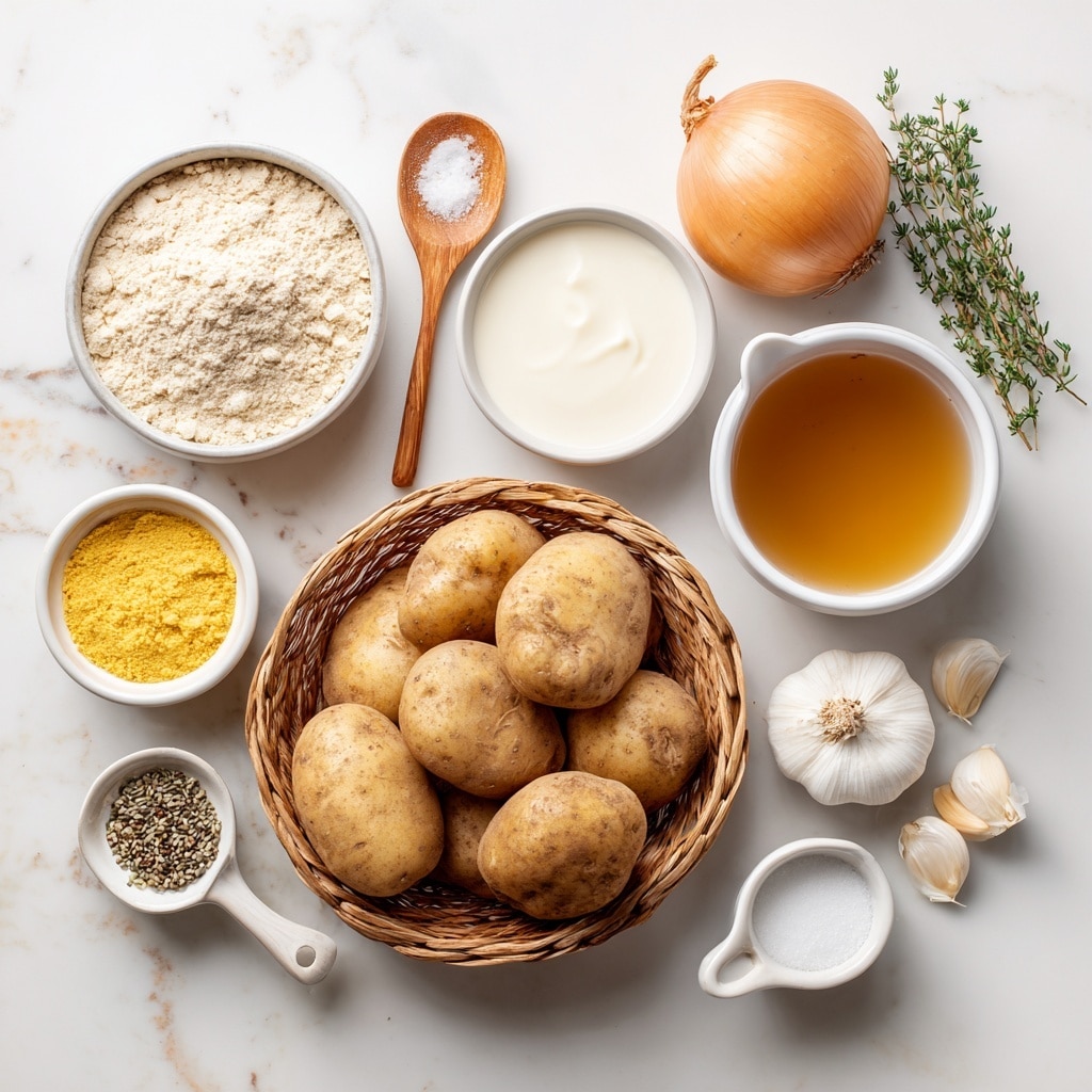 The image shows a white marbled background with various ingredients arranged neatly. In the center bottom, a woven basket holds several russet potatoes with a light brown, rough skin. Surrounding the basket are small white bowls and dishes containing different ingredients: at the top left is a bowl of almond flour with a pale beige color; next to it a whole yellow onion; to the right, a white bowl filled with smooth white coconut milk; beside that is a small white dish with three cloves of garlic; a wooden spoon with thyme seeds sits nearby. On the left lower side, a white bowl with bright yellow nutritional yeast sits near the basket. To the right, a white bowl with amber-colored broth glistens, while a small white dish holds solid white coconut oil. At the bottom right, small white dishes contain salt and black pepper. The overall look is clean and organized, showing all ingredients clearly on the white marbled surface. Photo taken with an iphone --ar 4:5 --v 7