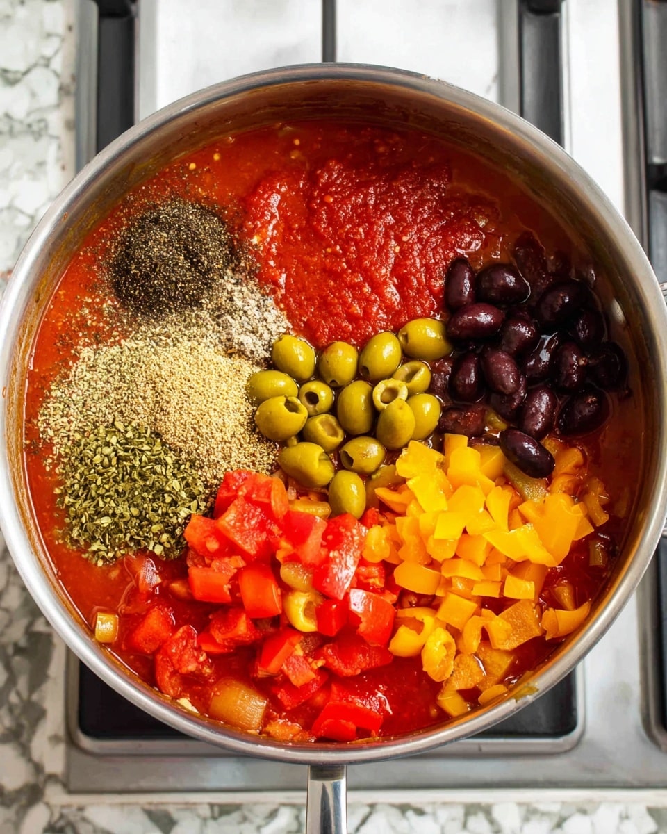 A large silver cooking pot filled with a rich red tomato sauce base, topped with several colorful layers: bright red and yellow chopped bell peppers on the right side, a cluster of black olives near the top right, a small pile of green olives at the bottom left, a spoonful of deep red tomato paste on the left side, and a thick layer of light brown dried herbs and black ground pepper powders sprinkled mostly on the upper left side. The pot sits on a stove with stainless steel details against a white marbled textured surface. photo taken with an iphone --ar 4:5 --v 7