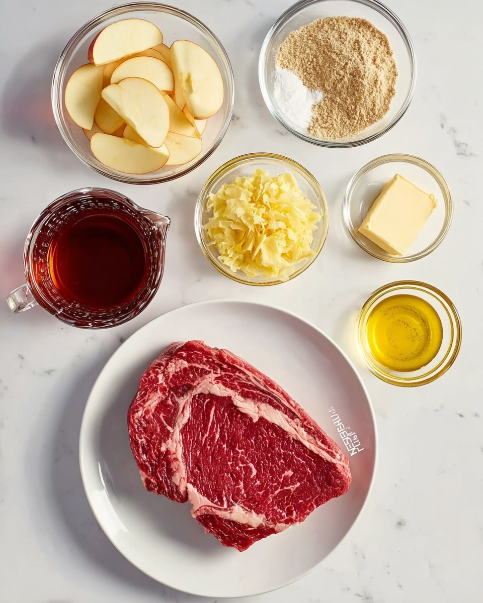 A white plate in the center with a large raw steak showing deep red color and white marbling. Around the plate are eight clear glass bowls of different sizes, each with separate ingredients: sliced pale yellow apples on the top left, a small bowl of light brown powder above the plate, another with off-white granular seasoning to the right of the powder, a rectangular pale yellow butter stick above the bowls, a bowl of minced pale yellow garlic below the butter, a bowl of thin sliced yellow pickled peppers below the garlic, a bowl of yellow oil below the plate on the left, and a glass measuring cup of dark reddish-brown liquid on the bottom left. All these items are placed neatly on a white marbled surface with bright lighting. Photo taken with an iphone --ar 4:5 --v 7