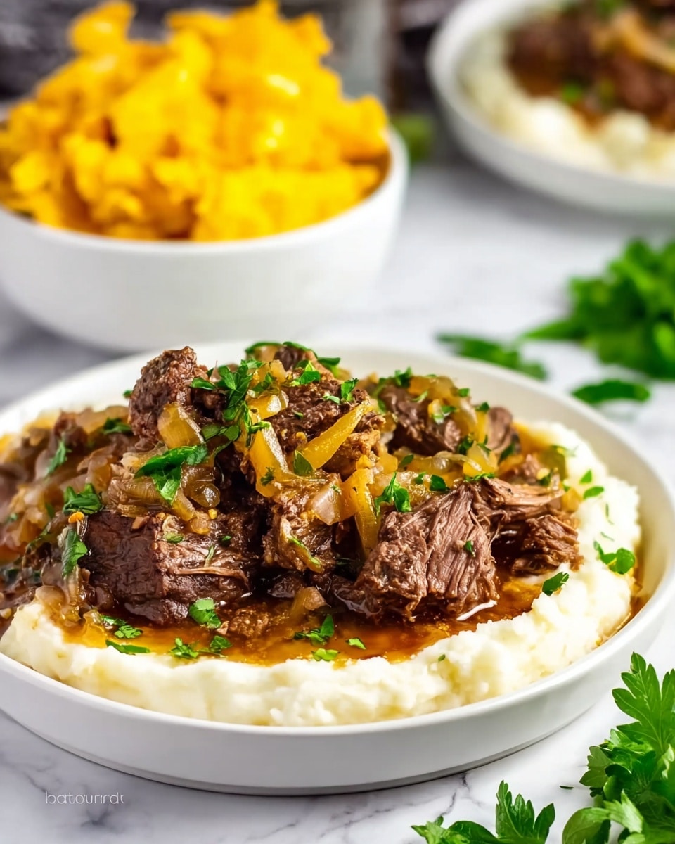 A white plate holds a dish with two main layers: a bottom layer of smooth, creamy mashed potatoes in a soft white color, and on top, tender braised beef pieces mixed with cooked caramelized onions in golden yellow and soft brown hues. The dish is garnished with fresh green chopped herbs scattered over the beef. In the background, there is a white bowl filled with bright yellow crispy chips. The whole setup is placed on a white marbled surface with some fresh green parsley leaves adding a pop of color. photo taken with an iphone --ar 4:5 --v 7