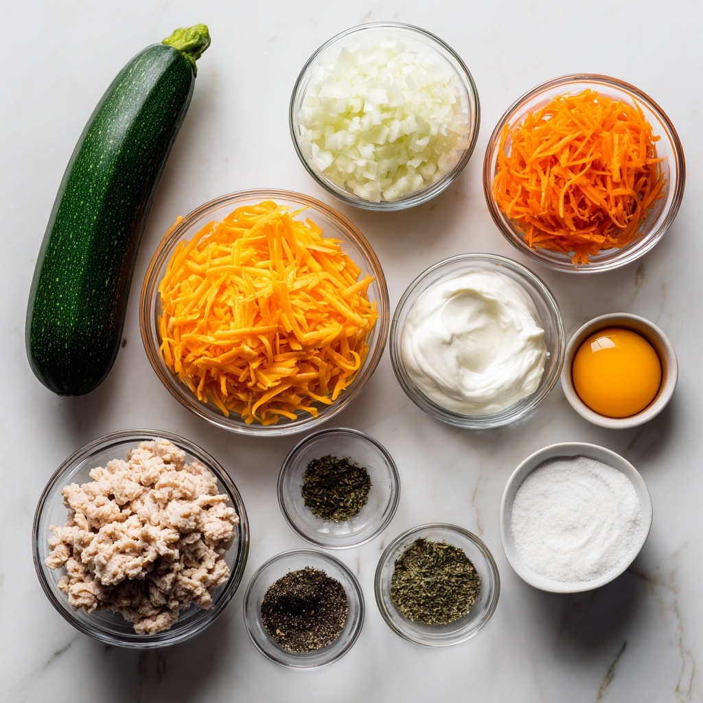 A flat lay of various ingredients arranged on a white marbled surface, each in clear glass bowls with white labels: shredded bright orange cheddar cheese in a medium bowl near the center, finely chopped white onion in a smaller bowl above it, grated orange carrots in a bowl to the right, a smooth white sour cream portion in a small bowl near the center-right, a golden raw egg in a tiny bowl below the sour cream, and ground chicken in a larger bowl at the bottom. Around these are small bowls with black pepper, Italian herbs, salt, and garlic powder. A whole dark green zucchini is placed vertically on the left side. All ingredients are spaced evenly with clear visibility of their colors and textures. Photo taken with an iphone --ar 4:5 --v 7