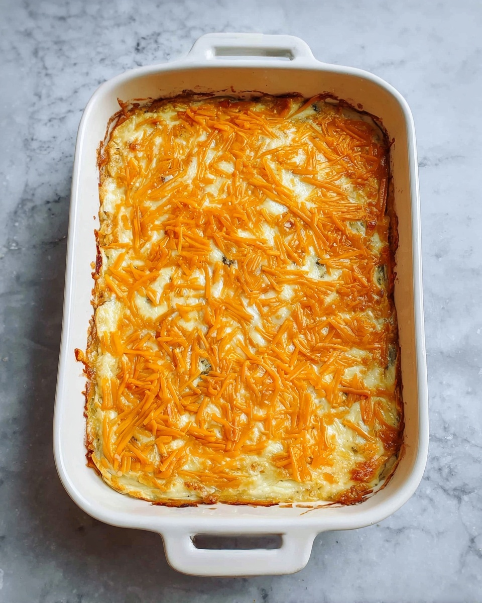 A white rectangular baking dish with two handles contains a baked casserole. The bottom layer is creamy and smooth, topped with a generous layer of melted orange cheese strips covering the whole surface evenly. The edges of the dish show light browning from baking. The dish sits on a surface with a white marbled texture. photo taken with an iphone --ar 4:5 --v 7