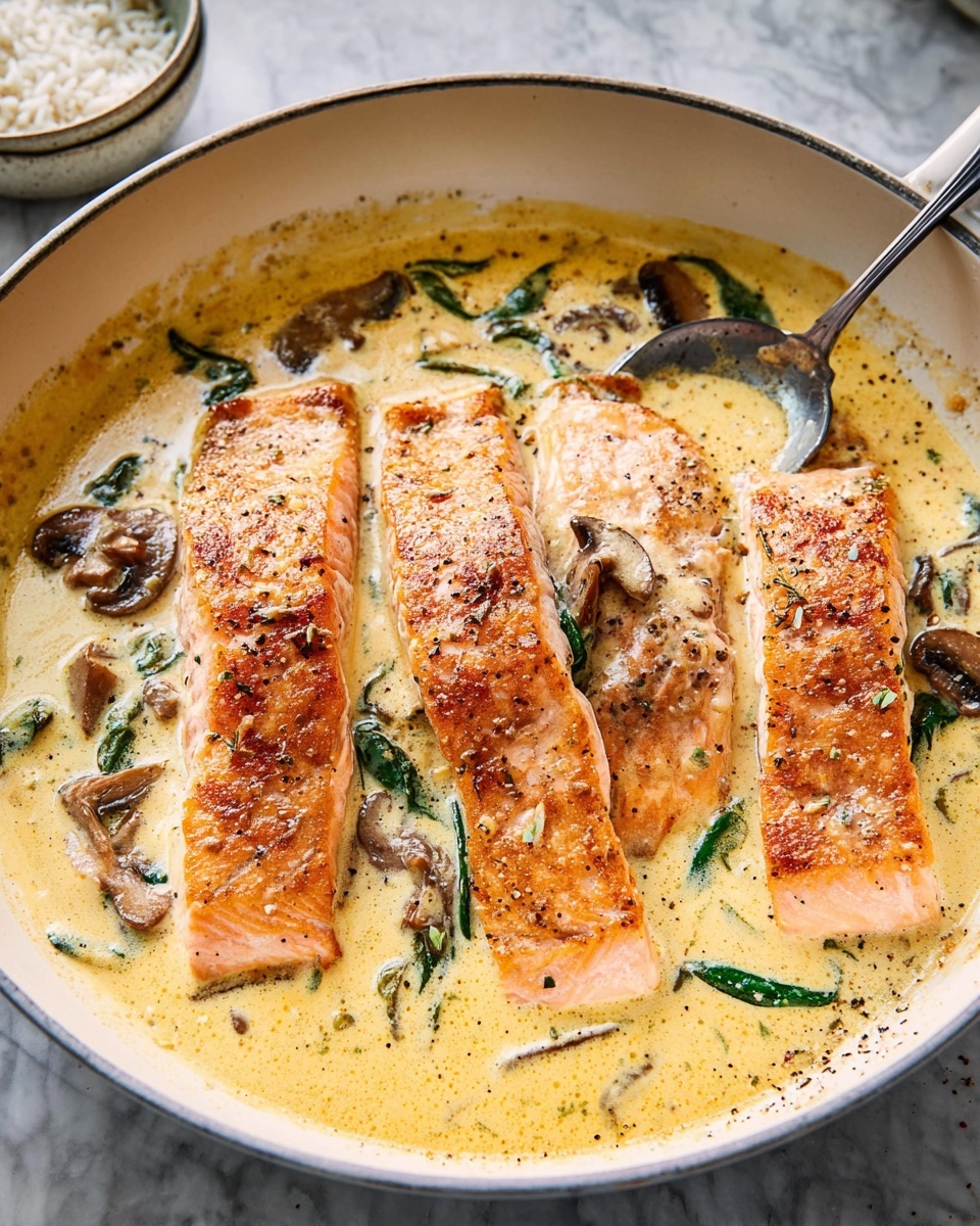 The image shows four steps of cooking. The top left shows a white pot with dried red chili strips inside, while water is being poured over them. The top right shows three cooked salmon pieces placed neatly on a white plate with a textured rim, sitting on a white marbled surface. The bottom left shows the same white pot with the chili strips now soaking in a creamy white liquid being poured in. The bottom right shows the pot again with the creamy liquid and chili strips, this time topped with white shredded coconut. photo taken with an iphone --ar 4:5 --v 7