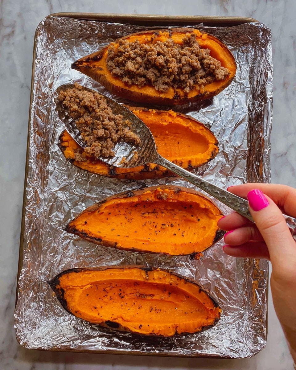 Four halves of roasted sweet potato are placed in a row on a foil-lined tray with a silver textured spoon adding a layer of cooked ground meat on the third sweet potato from the left; the sweet potatoes have bright orange flesh with some dark browned edges, and the foil reflects light slightly; a woman's hand with pink nail polish holds the spoon, and the surface beneath the tray is a white marbled texture photo taken with an iphone --ar 4:5 --v 7