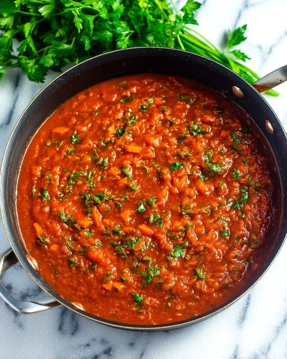 A black pan filled with thick red tomato sauce that has small pieces of orange carrot and green herbs mixed inside. The sauce looks smooth but chunky, with visible bits of vegetables and leafy green herbs evenly spread on top. The pan sits on a white marbled surface, and a bunch of green parsley is in the background. The photo taken with an iphone --ar 4:5 --v 7