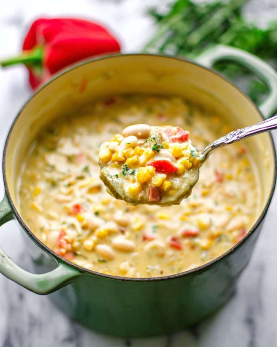 A green pot filled with a creamy mixture of yellow corn, white beans, red bell pepper pieces, and green pickles. On top, a spoon is lifted, holding a scoop of the creamy soup showing the same mix of yellow corn, white beans, red bell pepper, and green pickles. The background is a white marbled surface with blurred green herbs and a red bell pepper. Photo taken with an iphone --ar 4:5 --v 7