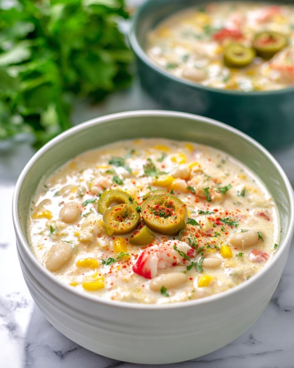 A close-up of a creamy white soup in a white bowl filled with visible white beans, yellow corn kernels, and small pieces of red crab sticks. On the top, there are halved green olives sprinkled with red paprika and fresh chopped green herbs. The background shows another bowl of the same soup and green leaves, all placed on a white marbled surface. Photo taken with an iphone --ar 4:5 --v 7