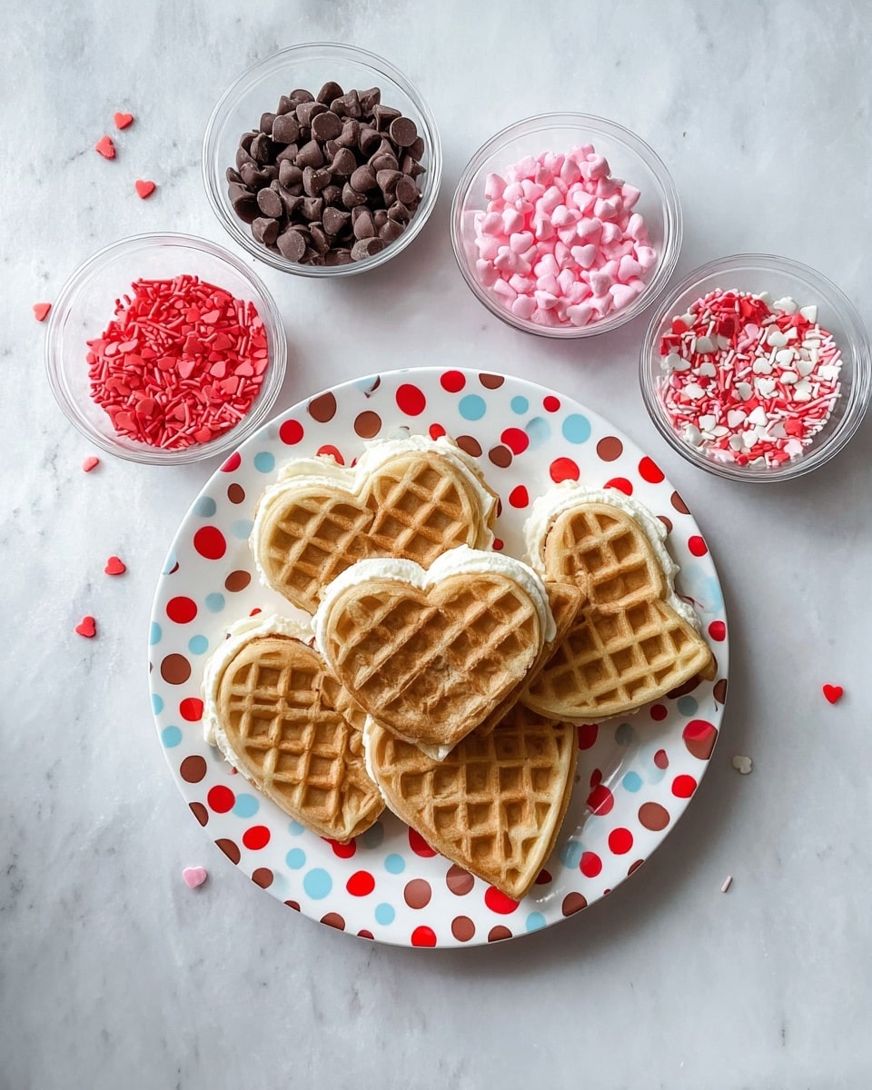 The image shows five small heart-shaped waffles on a white plate with red, blue, and brown dotted patterns, arranged in a loose pile. Each waffle is light brown with a grid texture on top and a visible layer of white cream or filling inside. Surrounding the plate on a white marbled surface are four small clear plastic bowls filled with different toppings: one with dark brown chocolate chips, one with pink and red heart-shaped sprinkles, one with a mix of small white, pink, and red round sprinkles, and one with tiny red and pink bouquet-shaped sprinkles. photo taken with an iphone --ar 4:5 --v 7