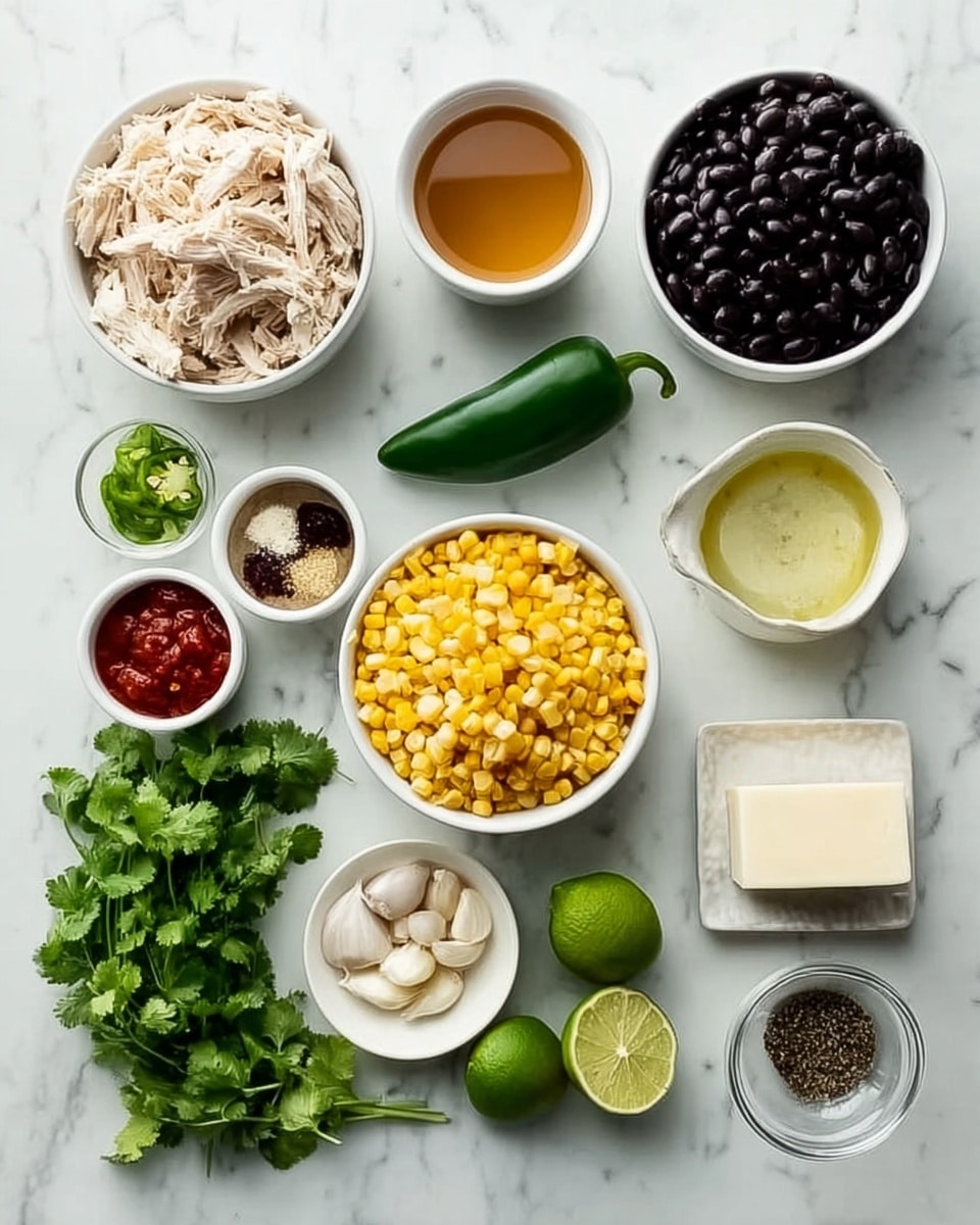 The image shows a white marbled surface with various bowls and fresh ingredients arranged neatly. There are two white bowls with shredded light beige chicken, a white bowl filled with black beans, and a white bowl holding bright yellow corn. Fresh green vegetables include a whole jalapeño, a poblano pepper, a bunch of cilantro, and a lime cut in half placed in front of them. Also present are a small white bowl of red salsa, a small glass bowl with garlic cloves, a small white bowl with minced garlic, a cup of light brown broth, a small glass bowl with golden olive oil, a white dish with a block of white cheese, and two small white bowls containing black pepper and a small amount of chili powder. All items are spaced evenly on the white marbled surface, showing a clean and colorful preparation setup photo taken with an iphone --ar 4:5 --v 7