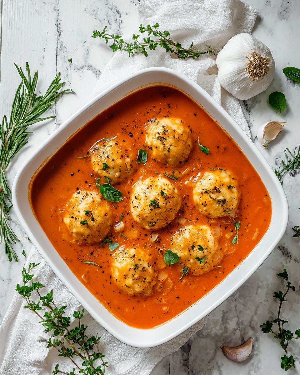 The image shows a white square baking dish filled with a rich orange tomato-based sauce. Inside the sauce are six round, golden dumplings evenly spaced, each topped with a light sprinkle of black pepper and fresh green herb leaves. The sauce has a smooth texture with small bits of onion and herbs visible beneath the dumplings. The dish sits on a white marbled surface with scattered sprigs of fresh green rosemary and thyme around it. Nearby are several whole and peeled garlic cloves on a white cloth, adding natural texture and color to the scene. Photo taken with an iphone --ar 4:5 --v 7