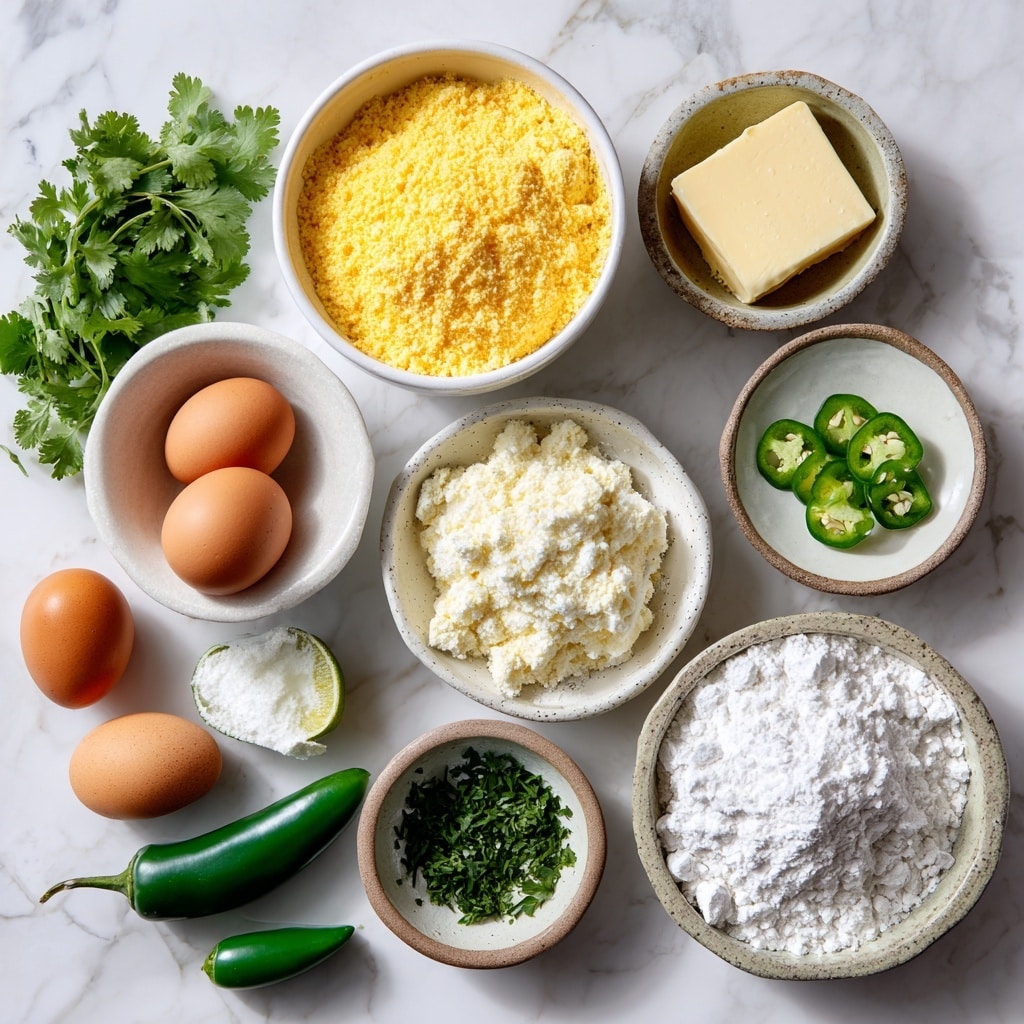 A round, golden-yellow cornbread with a moist, slightly crumbly texture is shown with one large slice removed from the center, revealing a soft interior mixed with green bits likely herbs or peppers. The top of the cornbread is glossy with a honey or syrup glaze, garnished with thin green jalapeño slices and small sprigs of fresh chopped cilantro scattered across the surface. At the base beside the slice, two lime wedges add a fresh green contrast. The cornbread is placed on a white plate set on a white marbled textured surface. Photo taken with an iphone --ar 4:5 --v 7
