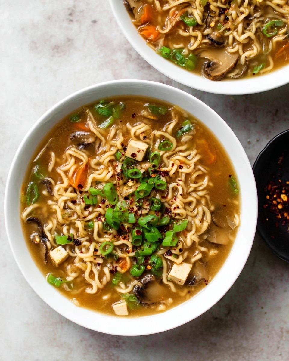 Two white bowls are filled with hot noodle soup on a white marbled surface. Each bowl contains light brown broth with curly noodles piled in the middle. The soup has visible pieces of orange carrots, small white mushroom slices, and cubes of tofu throughout. Bright green chopped spring onions scatter on top of the noodles along with a light sprinkle of black pepper and red chili flakes. The scene feels warm and fresh. Photo taken with an iphone --ar 4:5 --v 7