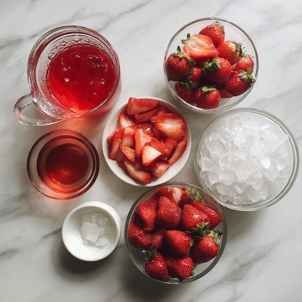 A clear glass filled with a drink showing layers of ice cubes and bright red pieces of strawberry floating in white creamy liquid. The glass sits on a white plate with a silver spoon on its right side. The background is a white marbled texture. Photo taken with an iphone --ar 4:5 --v 7