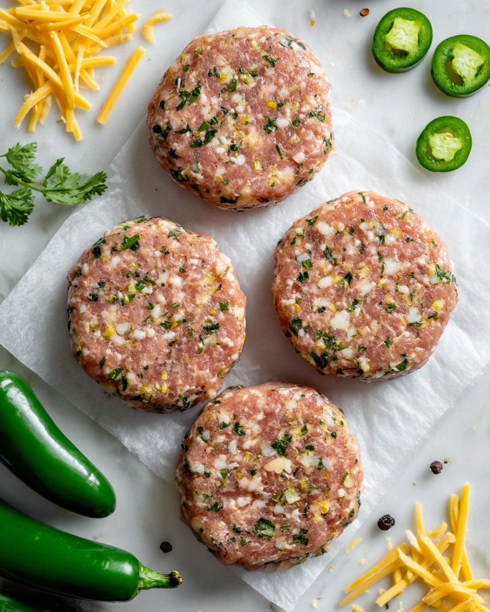 Two grilled chicken patties with dark brown grill marks sit on fresh green lettuce leaves. Underneath each patty are thick rings of bright purple onion and a layer of creamy white sauce with green herbs mixed in. One patty rests on the bottom half of a grilled white bun with char marks and thin yellow pepper rings on top. The scene is set on a white marbled surface with extra onion slices, creamy sauce dollop, and golden yellow pepper rings scattered around. Photo taken with an iphone --ar 4:5 --v 7