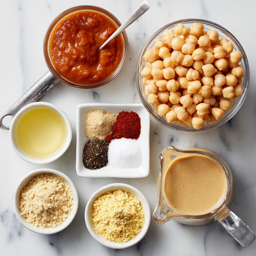 The image shows six separate containers with ingredients placed on a white marbled surface. At the top right, there is a glass bowl filled with light tan chickpeas. To its left, a metal measuring spoon holds thick, dark orange buffalo sauce. Below the chickpeas, a small white square bowl contains five piles of dry spices in different colors: deep red paprika, off-white garlic powder and onion powder, white salt, and dark black pepper. To the left of the spices is a small glass container with pale yellow apple cider vinegar. Below that, a small white bowl holds a crumbly, light yellow nutritional yeast powder. To the right of the yeast, a small glass pitcher contains smooth, light brown tahini. Each ingredient is labeled clearly in simple black text. Photo taken with an iphone --ar 4:5 --v 7
