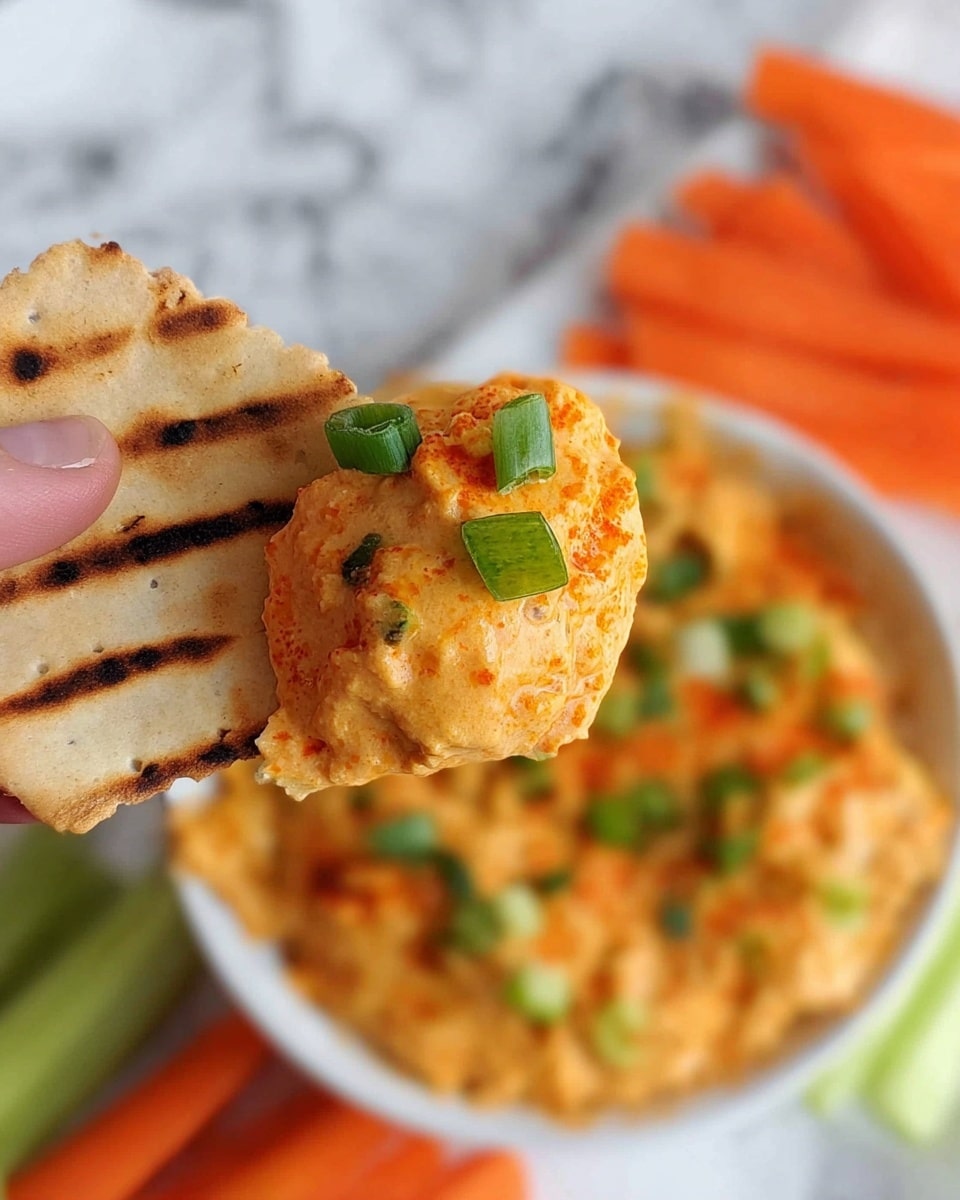 A woman's hand holds a toasted cracker with light brown grill marks, topped with a thick, creamy orange dip that has a slightly chunky texture. Small pieces of bright green chopped onions are scattered on top of the dip, adding a fresh contrast in color. The background shows a white bowl filled with the same orange dip, garnished with more green onions, placed on a white marbled surface with blurred carrots and celery sticks nearby. photo taken with an iphone --ar 4:5 --v 7