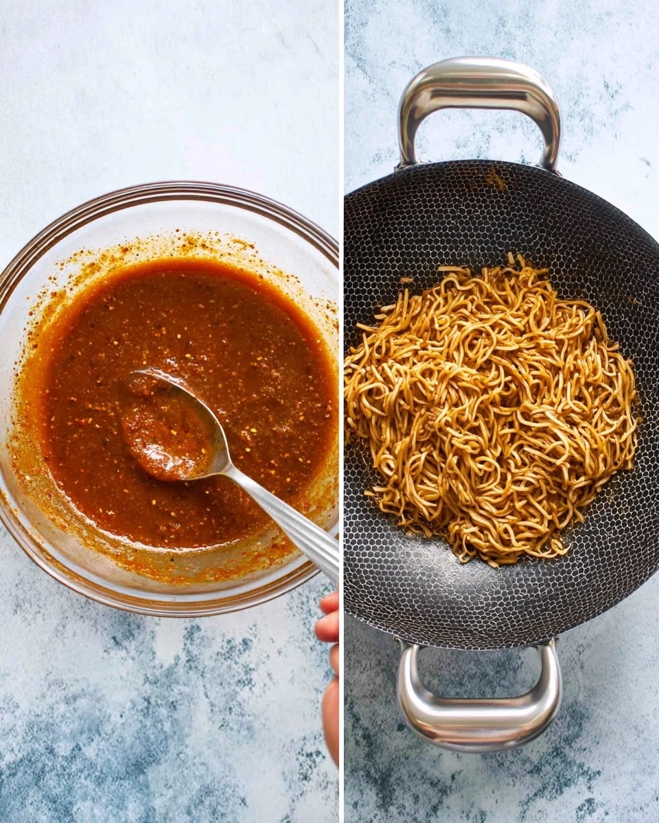 The image shows two side-by-side photos on a white marbled surface. The left side features a clear glass bowl with a thick, reddish-brown sauce inside, mixed smoothly with a small silver spoon resting in it, held by a woman's hand. The right side shows a black wok pan with a honeycomb pattern inside, filled with light brown cooked noodles lightly coated with sauce, slightly clumped together in the center. The pan has two silver handles and is sitting on the same white marbled surface. photo taken with an iphone --ar 4:5 --v 7